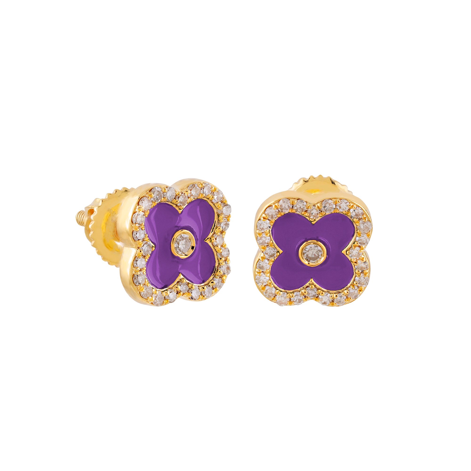 Yellow Gold Round Diamond Enamel Clover Stud Earrings