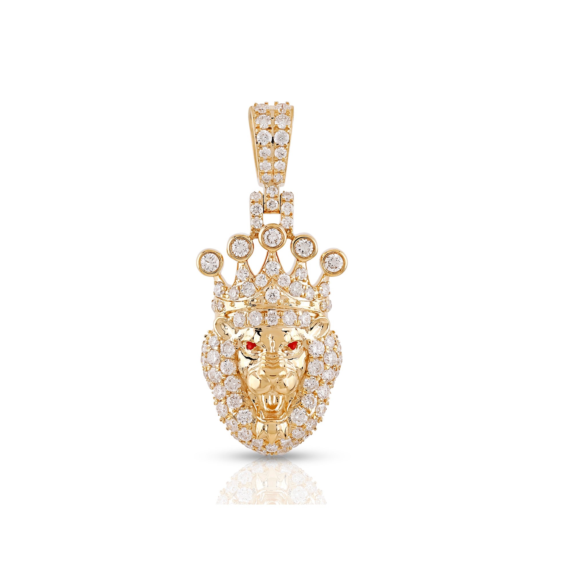 Yellow Gold Round Diamond Crown Lion Head Pendant