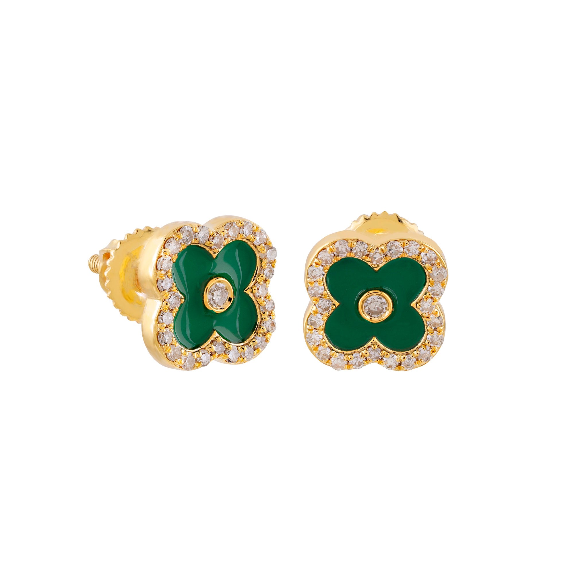 Yellow Gold Round Diamond Enamel Clover Stud Earrings