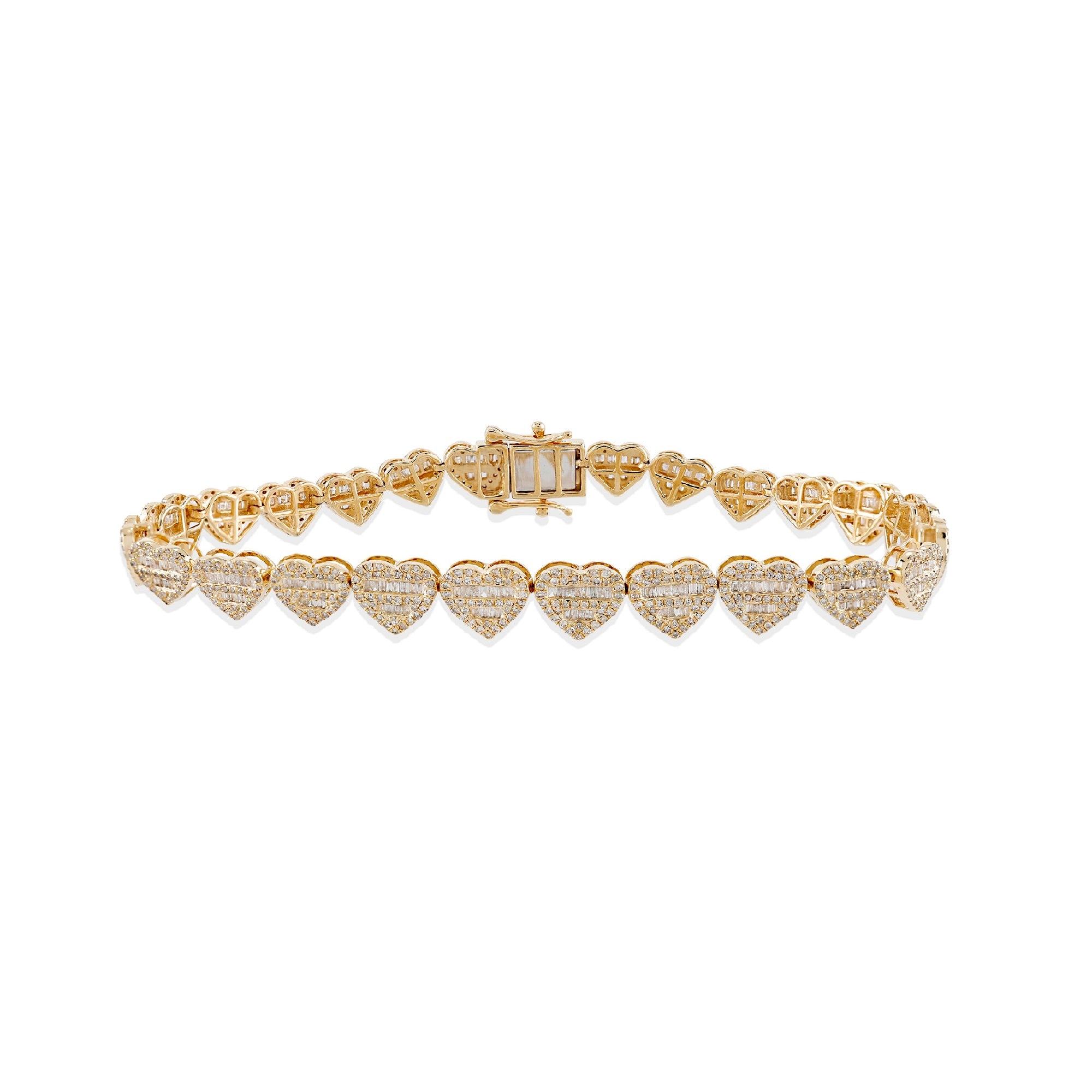 9mm Yellow Gold Baguette Diamond Heart Bracelet