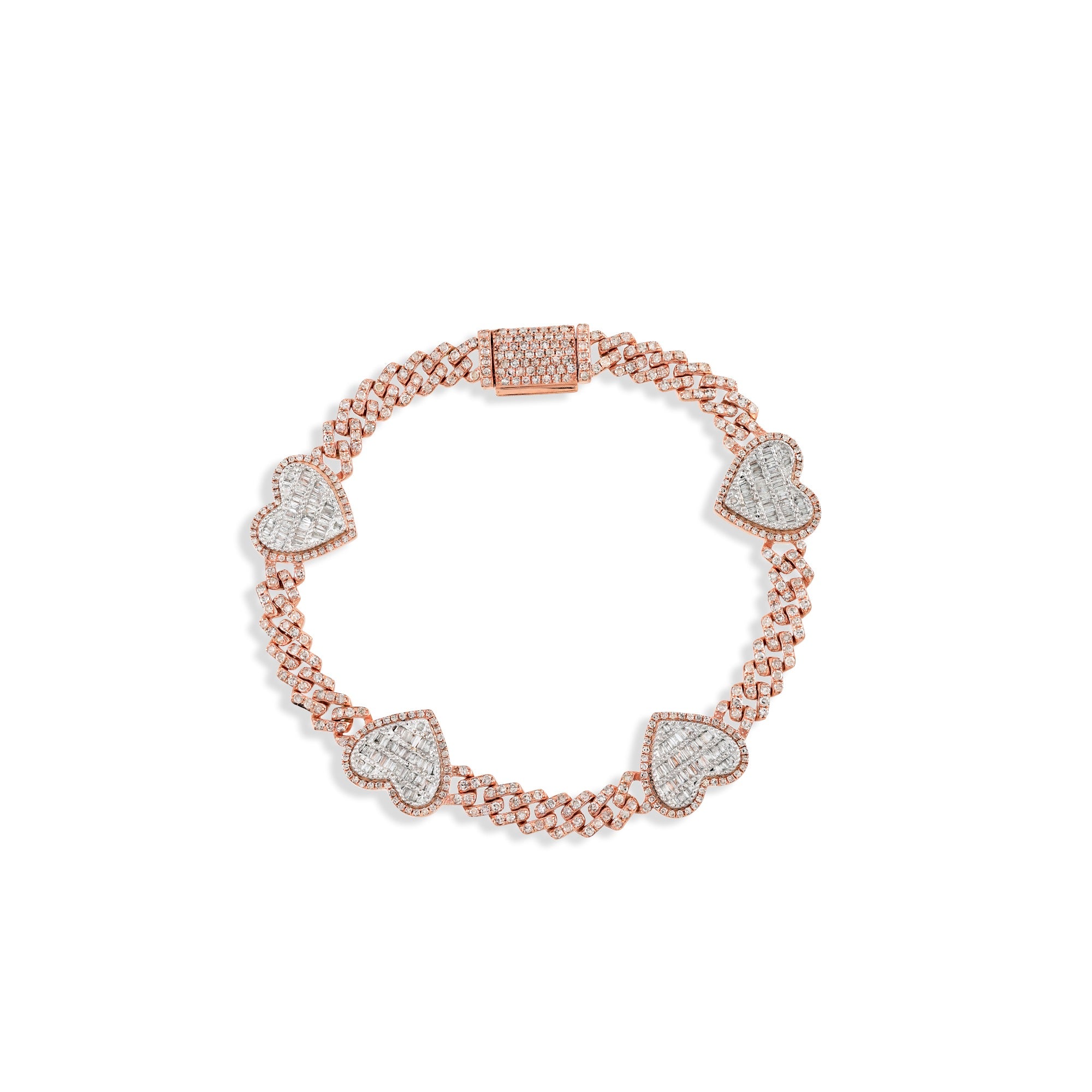 5mm Rose Gold Baguette Diamond Heart Cuban Bracelet