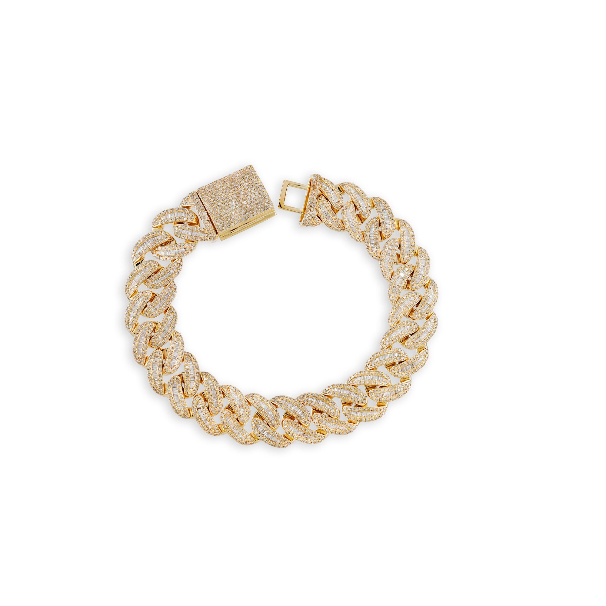 14MM Yellow Gold Baguette And Round Diamond Cuban Bracelet For Men's