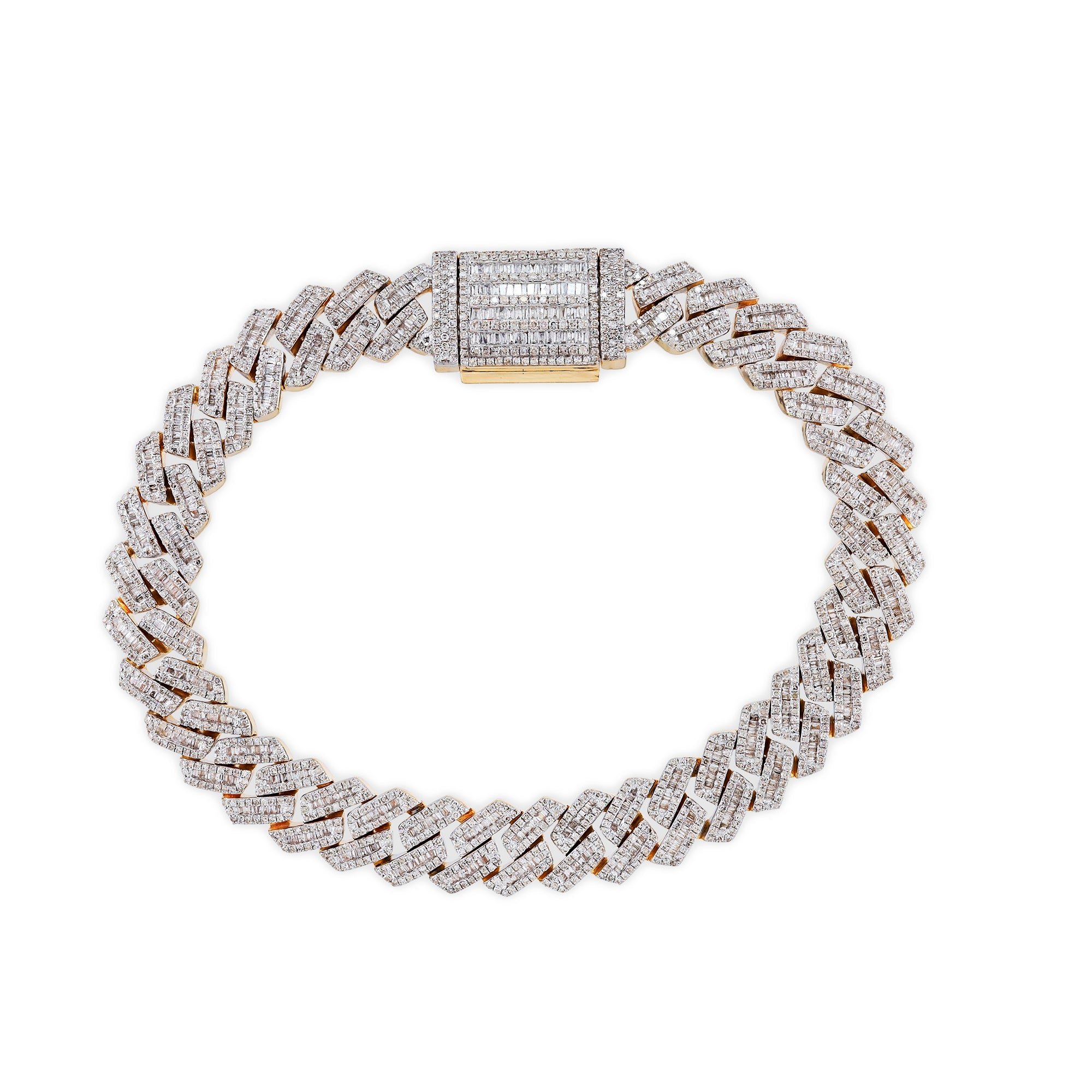 10MM Yellow Gold Baguette And Round Diamond Cuban Bracelet For Men's