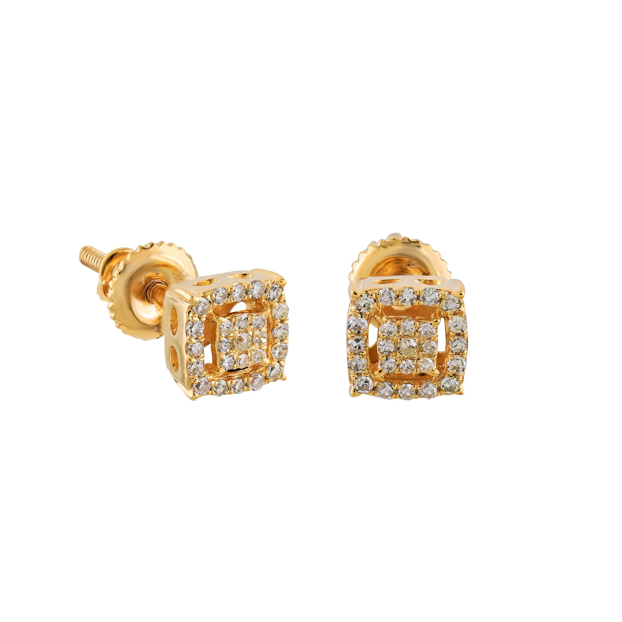 Round Diamond Yellow Gold Square Stud Earring