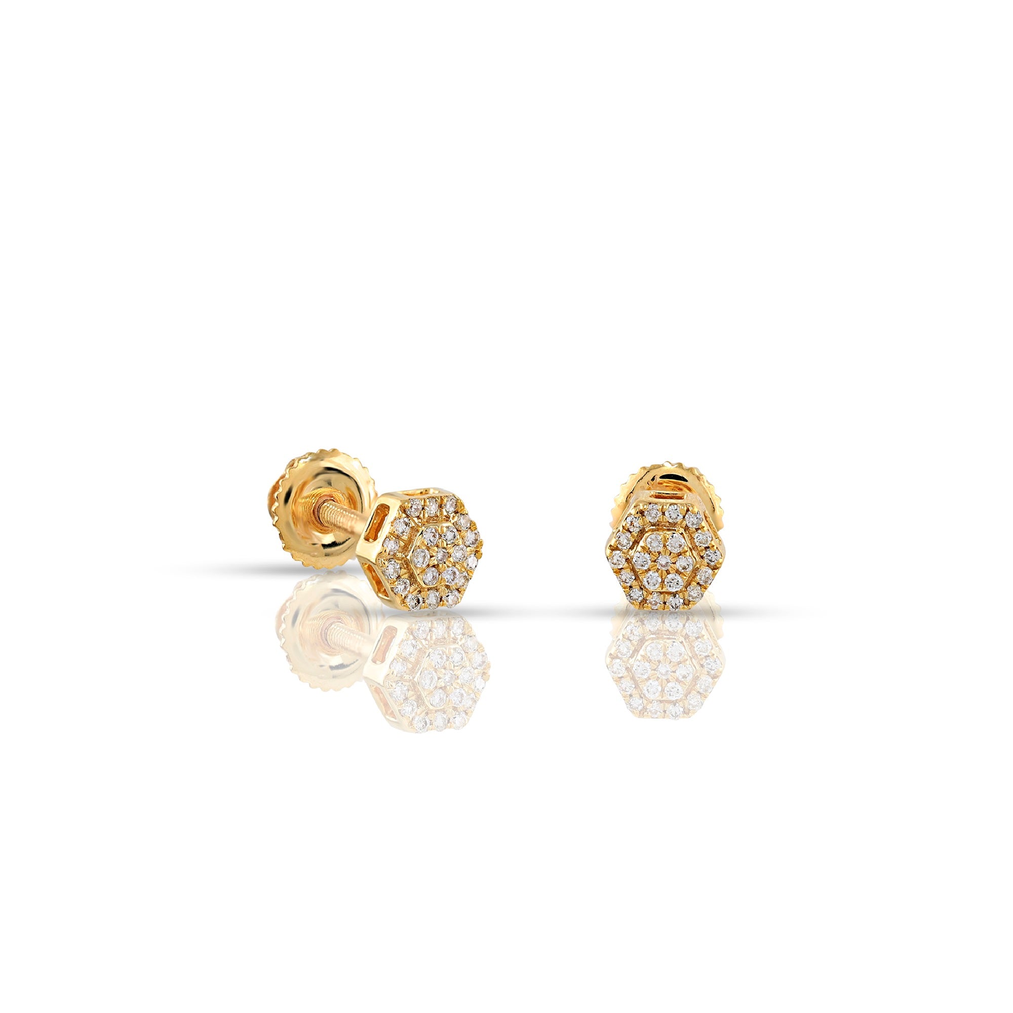 Yellow Gold Round Diamond Hexagon Stud Earrings