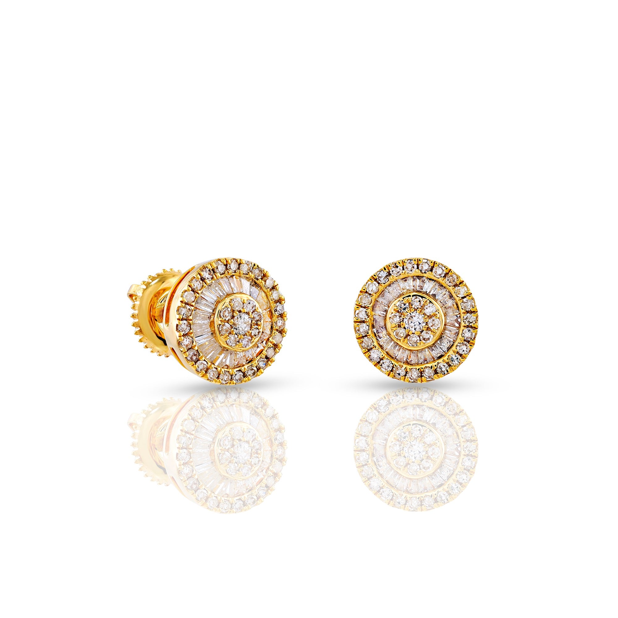 Yellow Gold Round and Baguette Diamond Stud Earrings