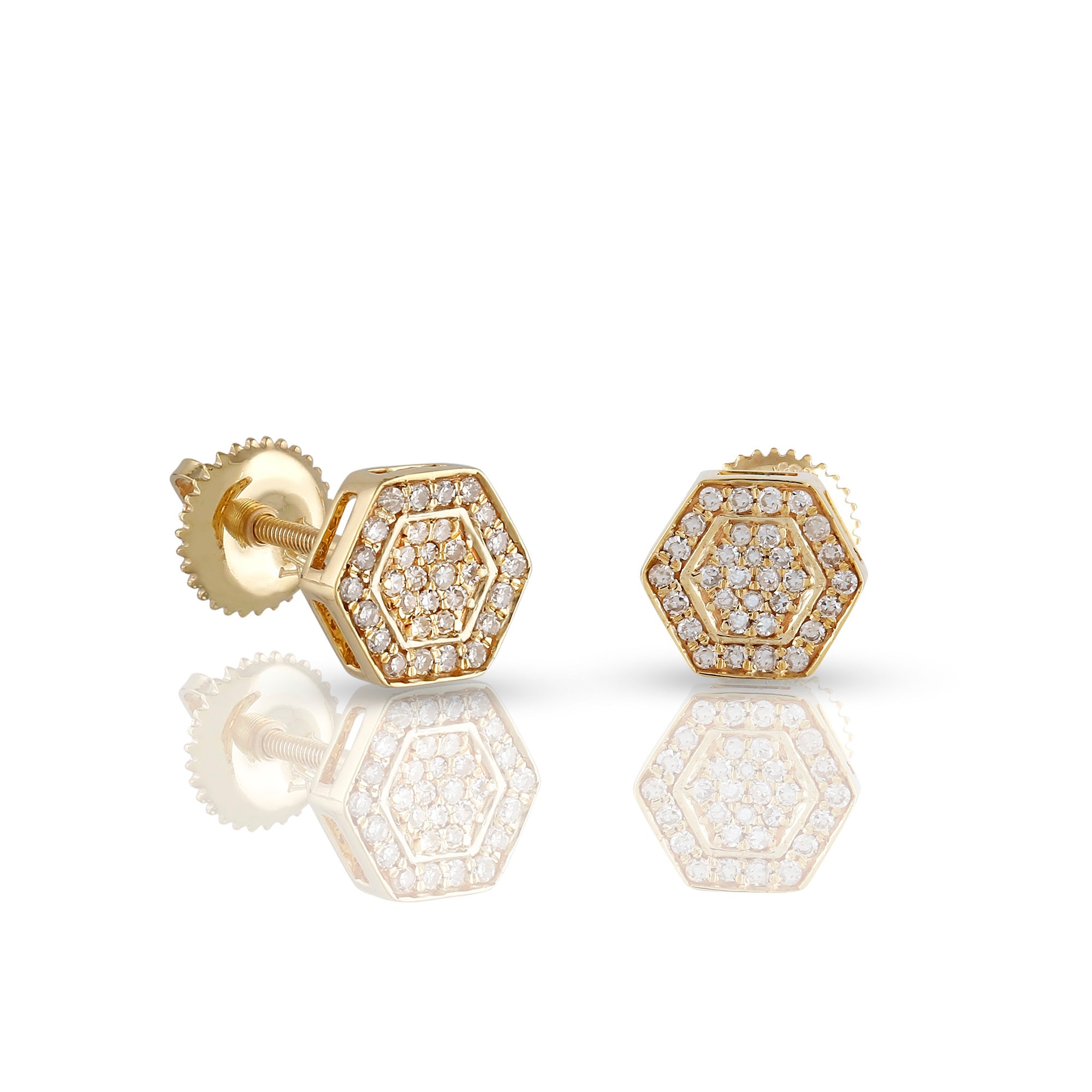 Yellow Gold Round Diamond Cluster Hexagon Stud Earrings