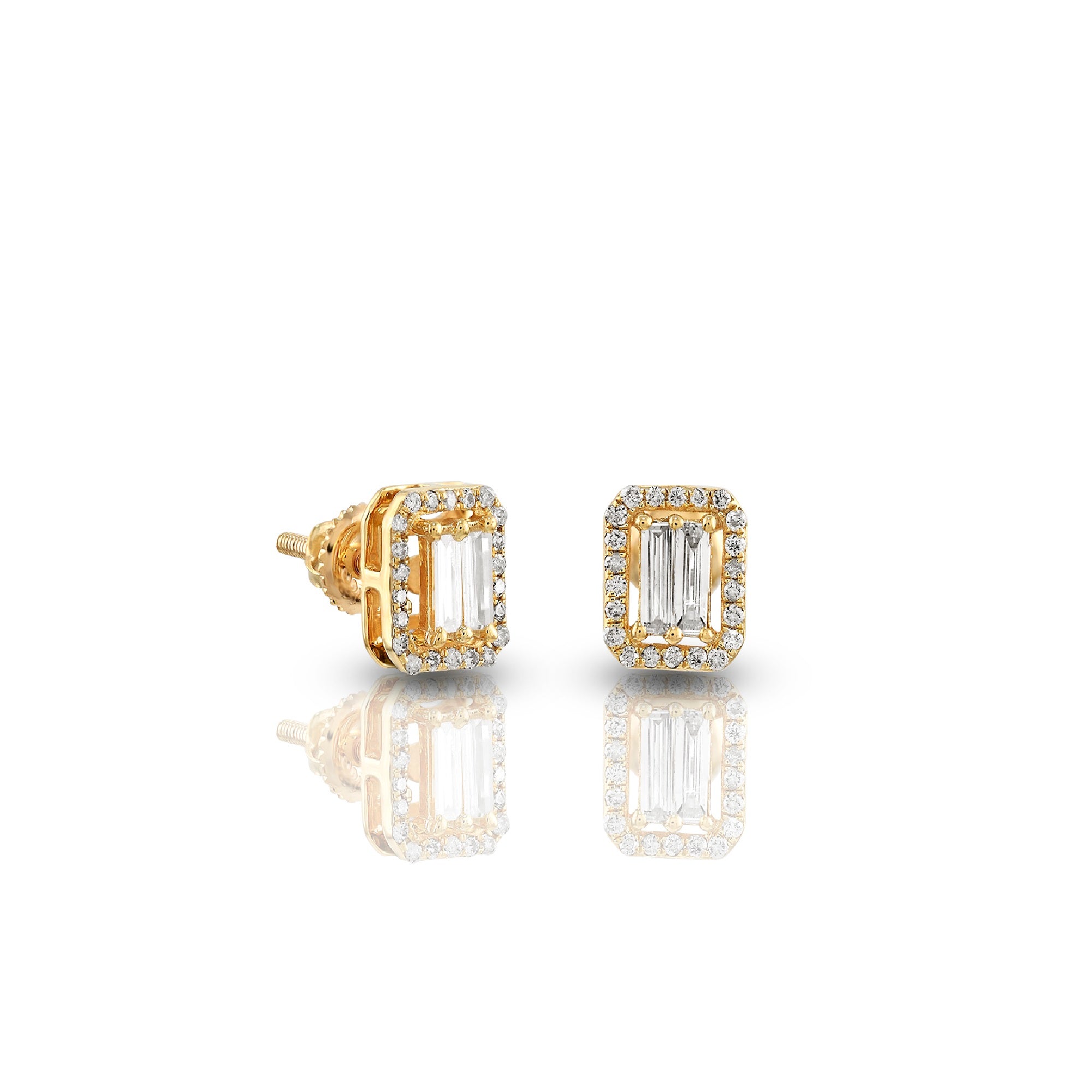 Yellow Gold Round and Baguette Diamond Octagon Stud Earrings