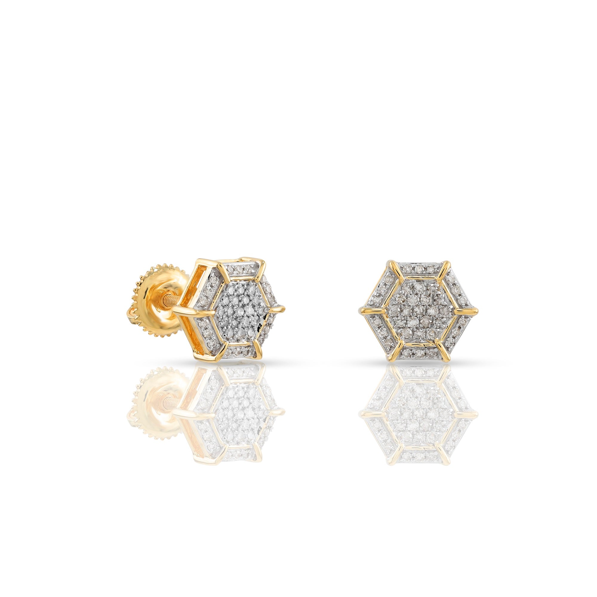 Yellow Gold Diamond Cluster Hexagon Stud Earrings