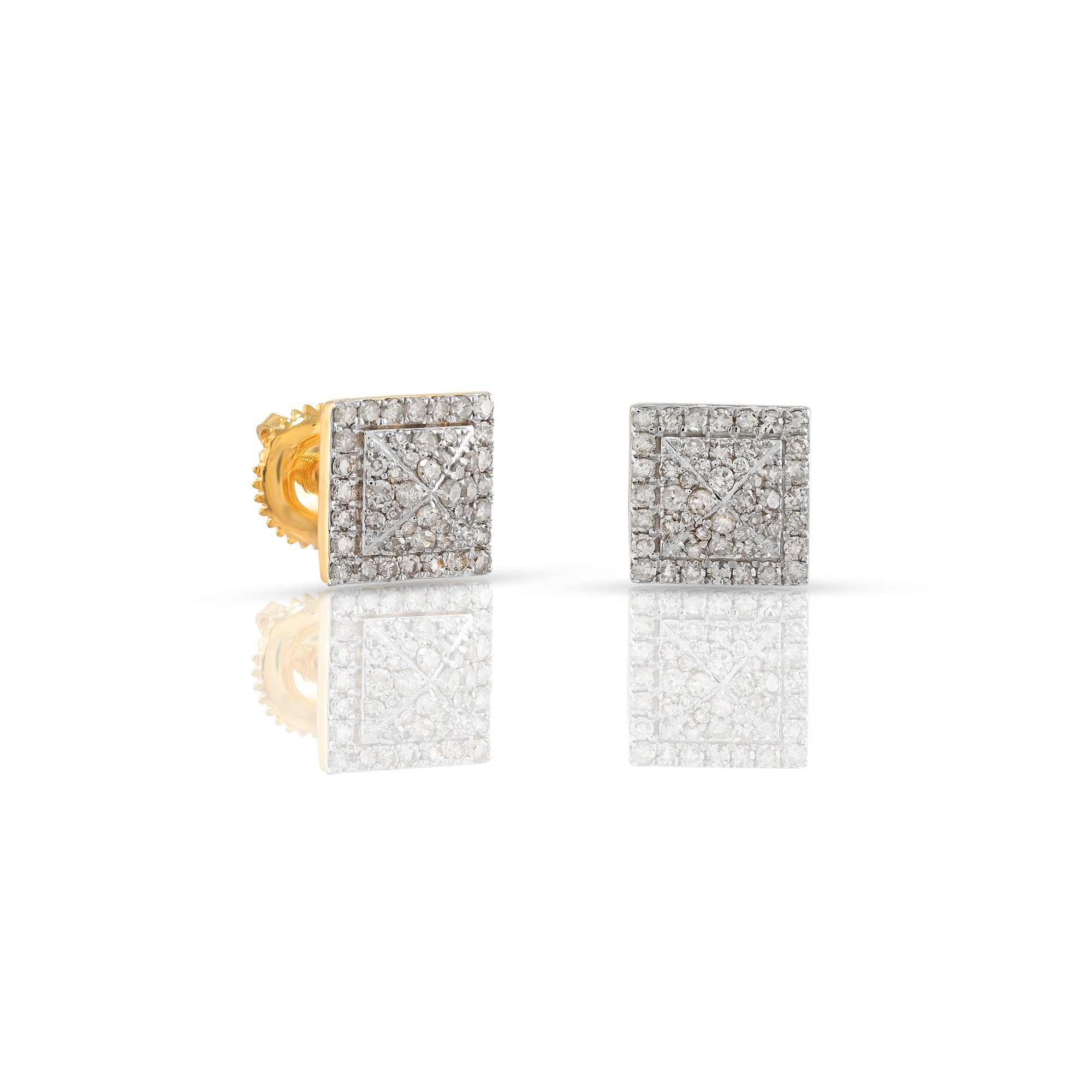 Yellow Gold White Diamond Square Earrings