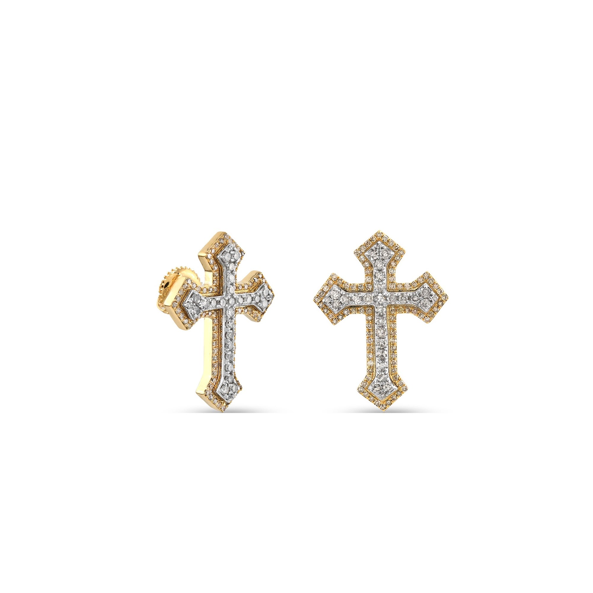 Yellow Gold Round Diamond Cross Stud Earrings