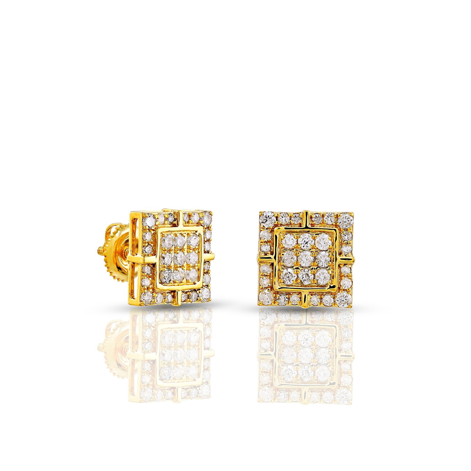 0.67Ct Round Diamond Yellow Gold Square Stud Earrings