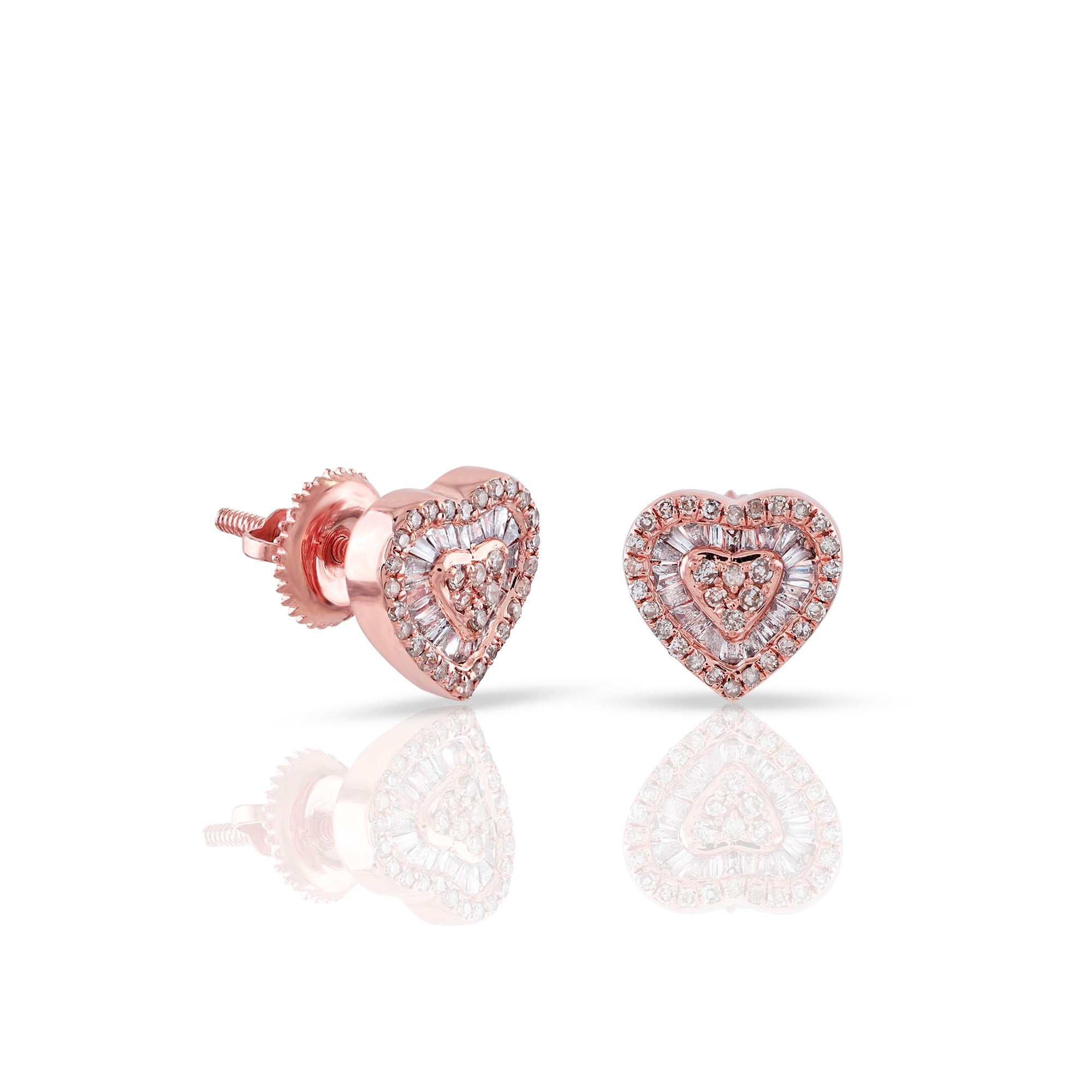 Rose Gold Baguette and Round Diamond Heart Stud Earrings