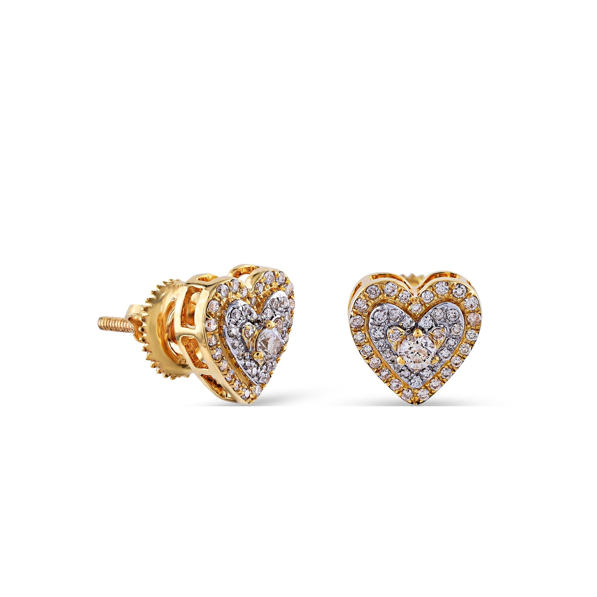 Yellow Gold Round Diamond Double Heart Stud Earrings