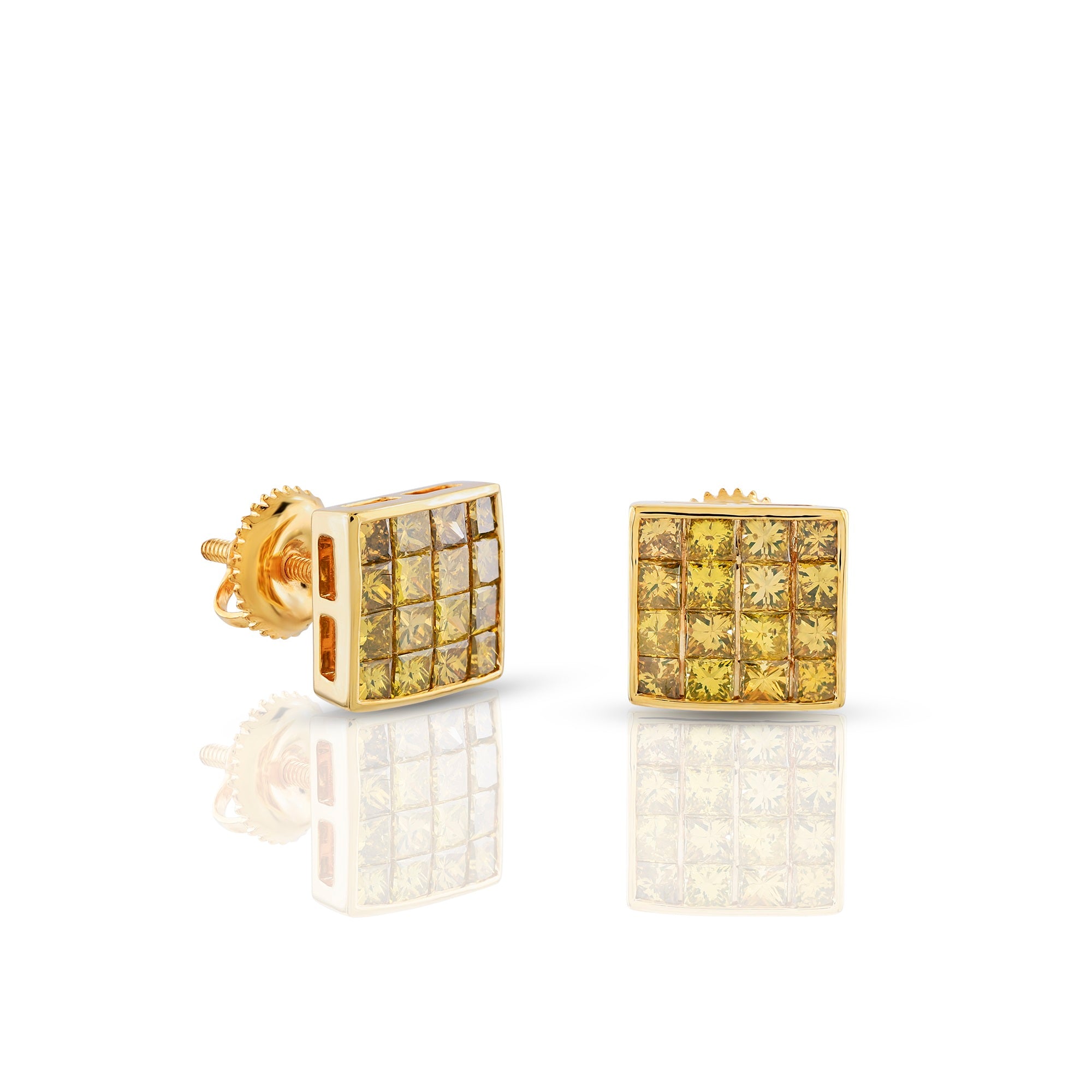 1.66Ct Princess Cut Diamond Yellow Gold Square Stud Earrings