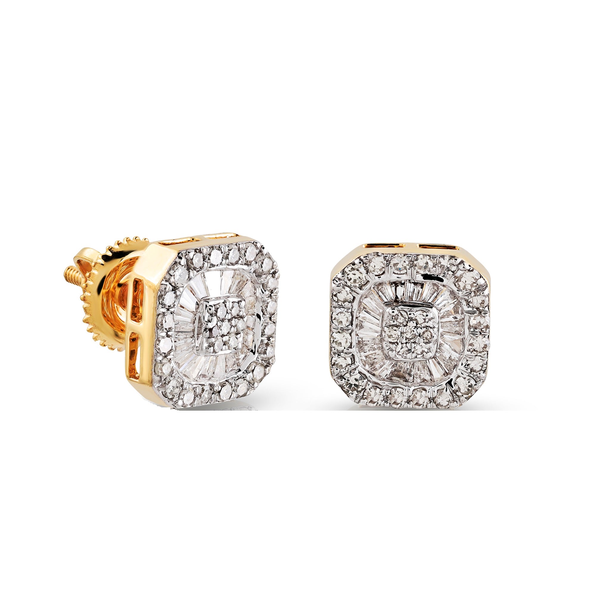 Yellow Gold Round and Baguette Diamond Octagon Earrings
