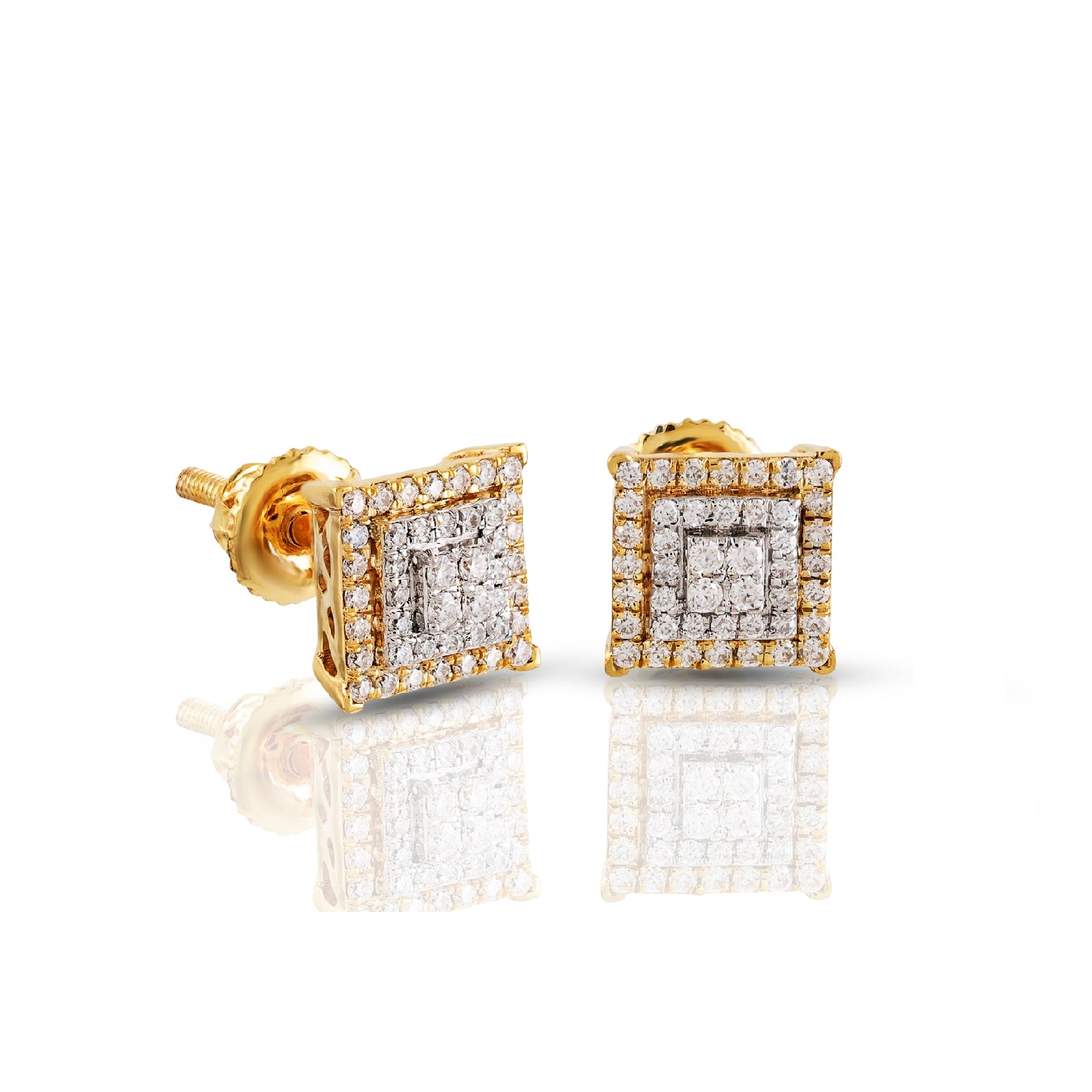 Yellow Gold Round Diamond Square Stud Earring For Women