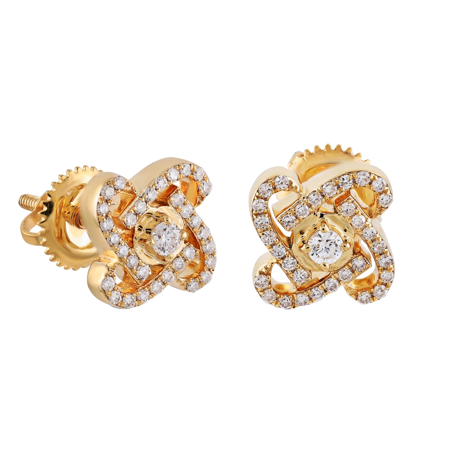 Yellow Gold Round Diamond  Floral Stud Earring