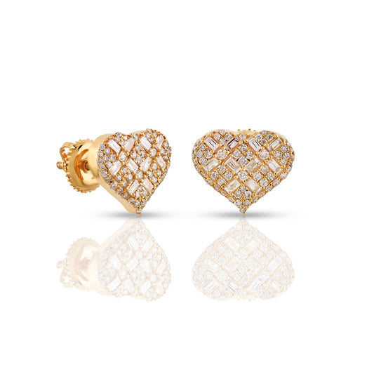 Yellow Gold Round and Baguette Diamond Heart Stud Earrings