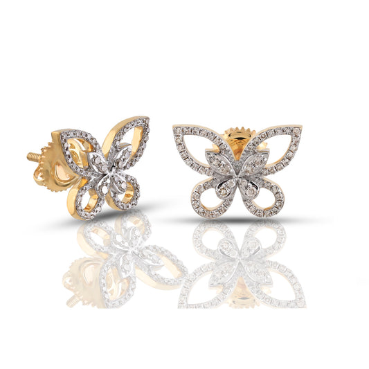 Round Diamond Yellow Gold Butterfly Stud Earring For Women's