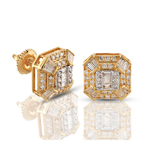 Yellow Gold Round and Baguette Diamond Octa Stud Earring