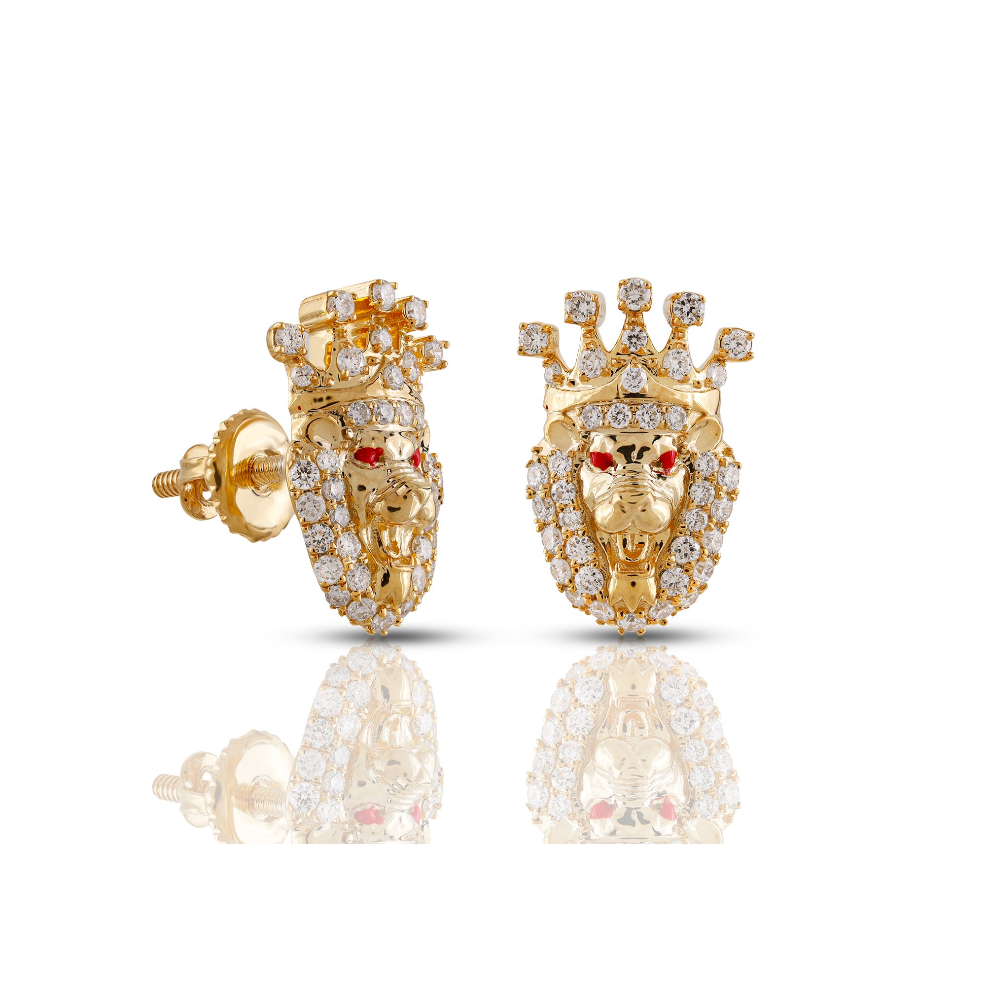Yellow Gold Round Diamond Crown Lion Earrings