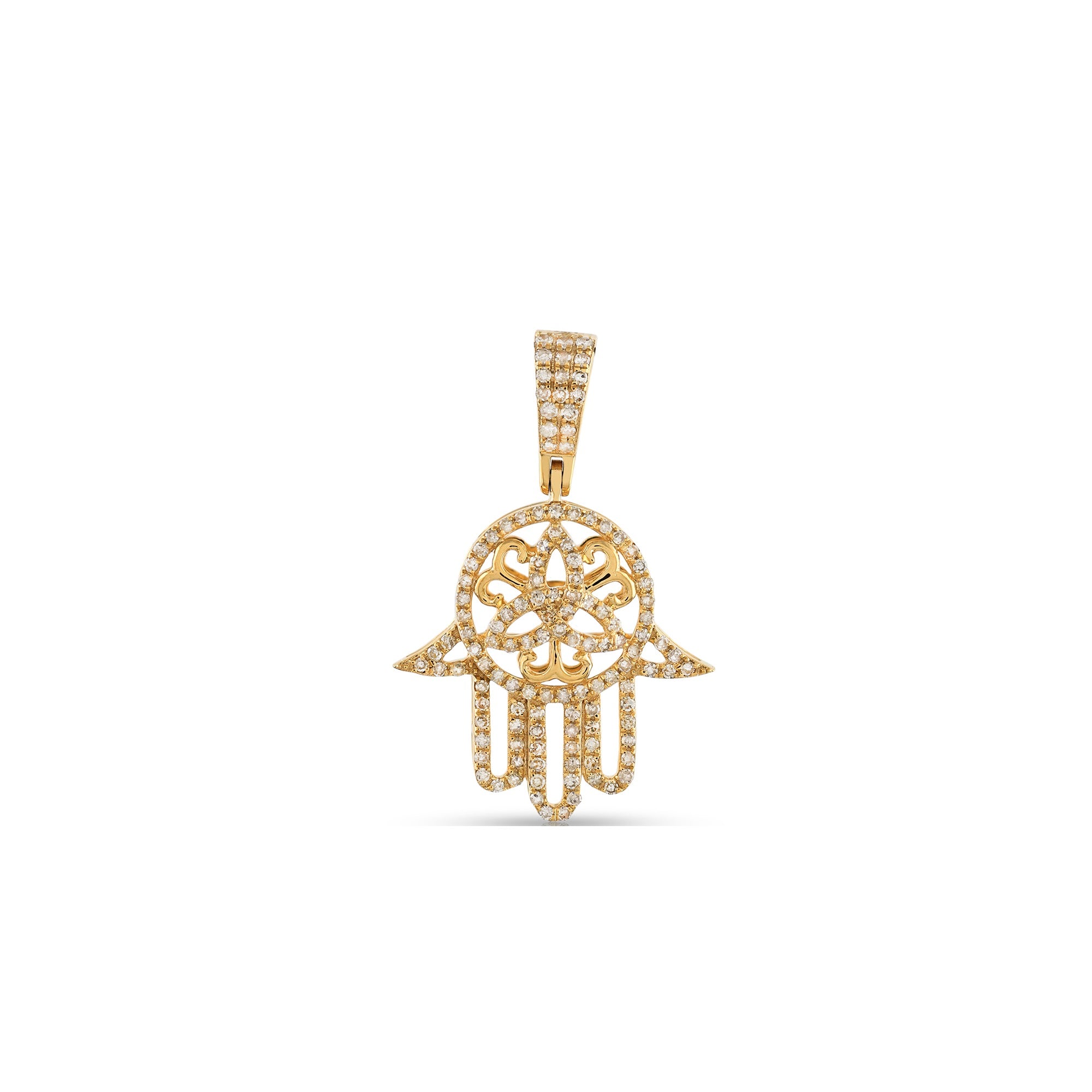 Yellow Gold Round Diamond Pave Hamsa Pendant