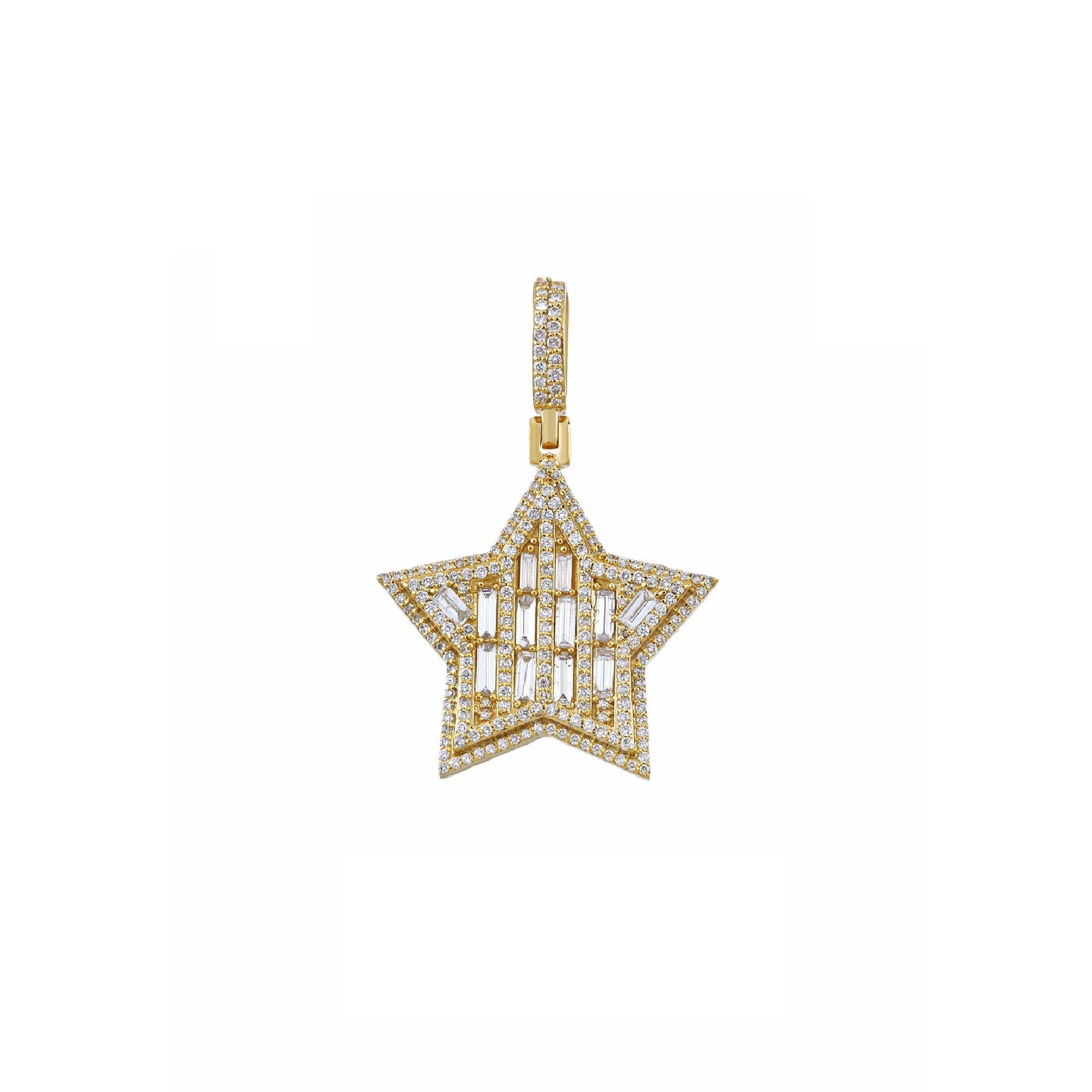 Yellow Gold Baguette and Round Diamond Star Pendant