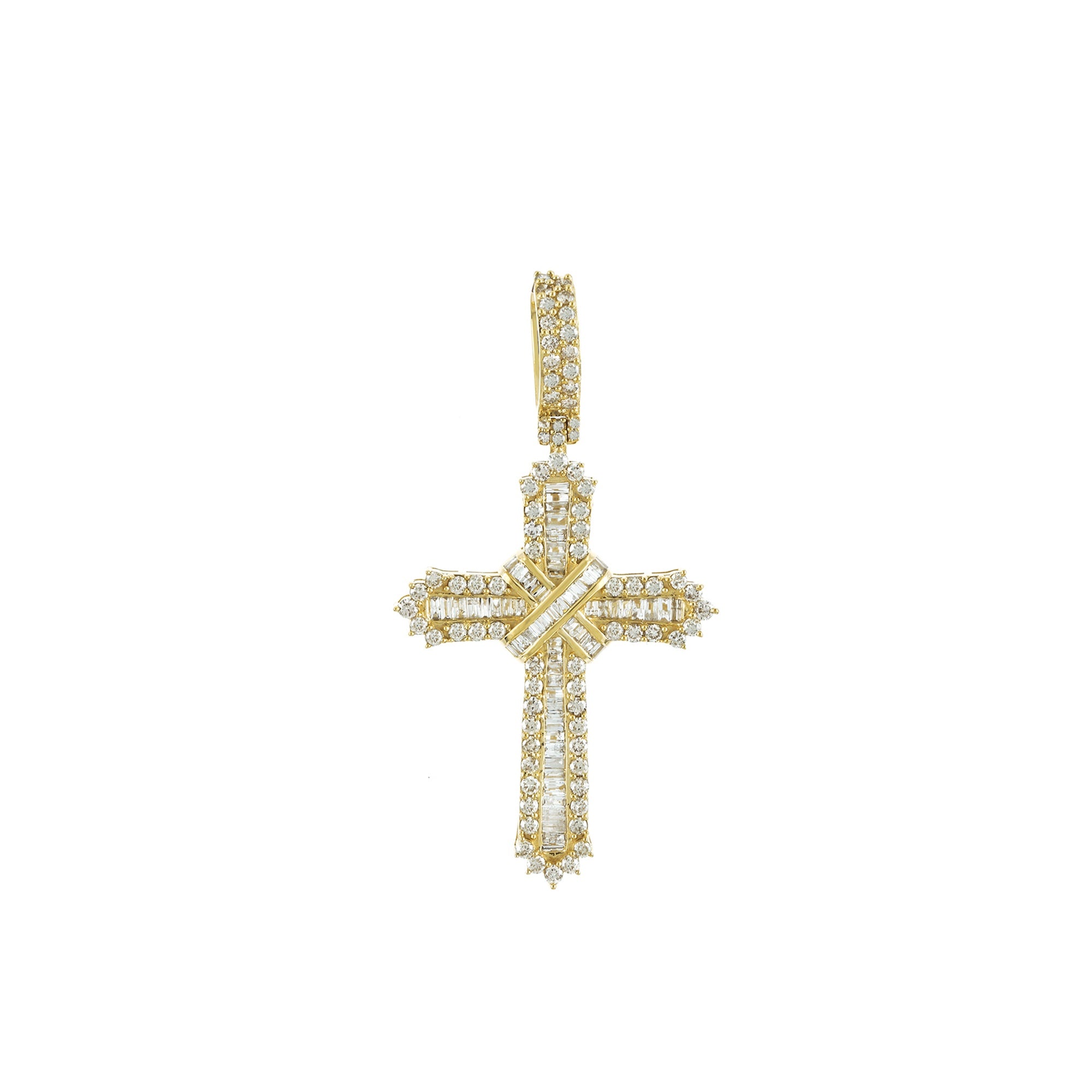Yellow Gold Baguette and Round Diamond Cross Pendant