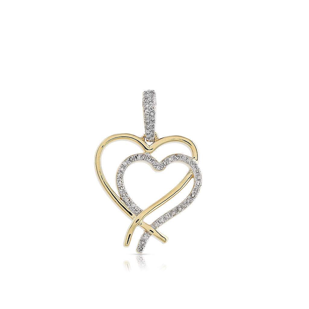 Yellow Gold Round Diamond Pave Double Heart Pendant