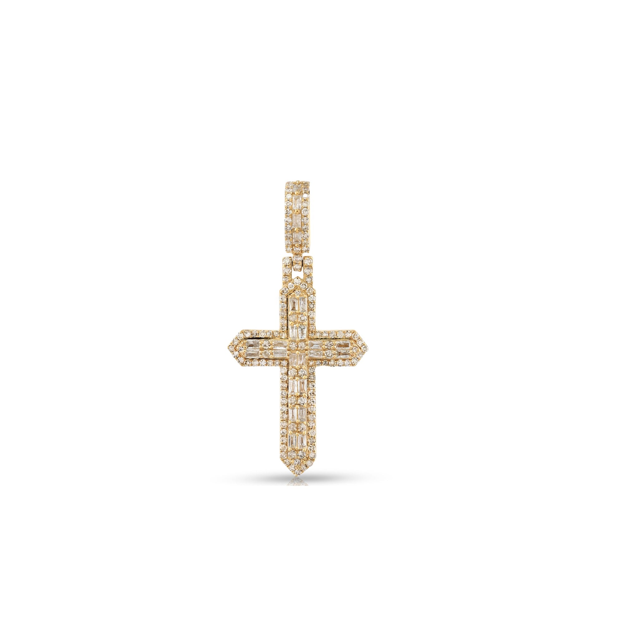 Yellow Gold Round and Baguette Diamond Cross Pendant