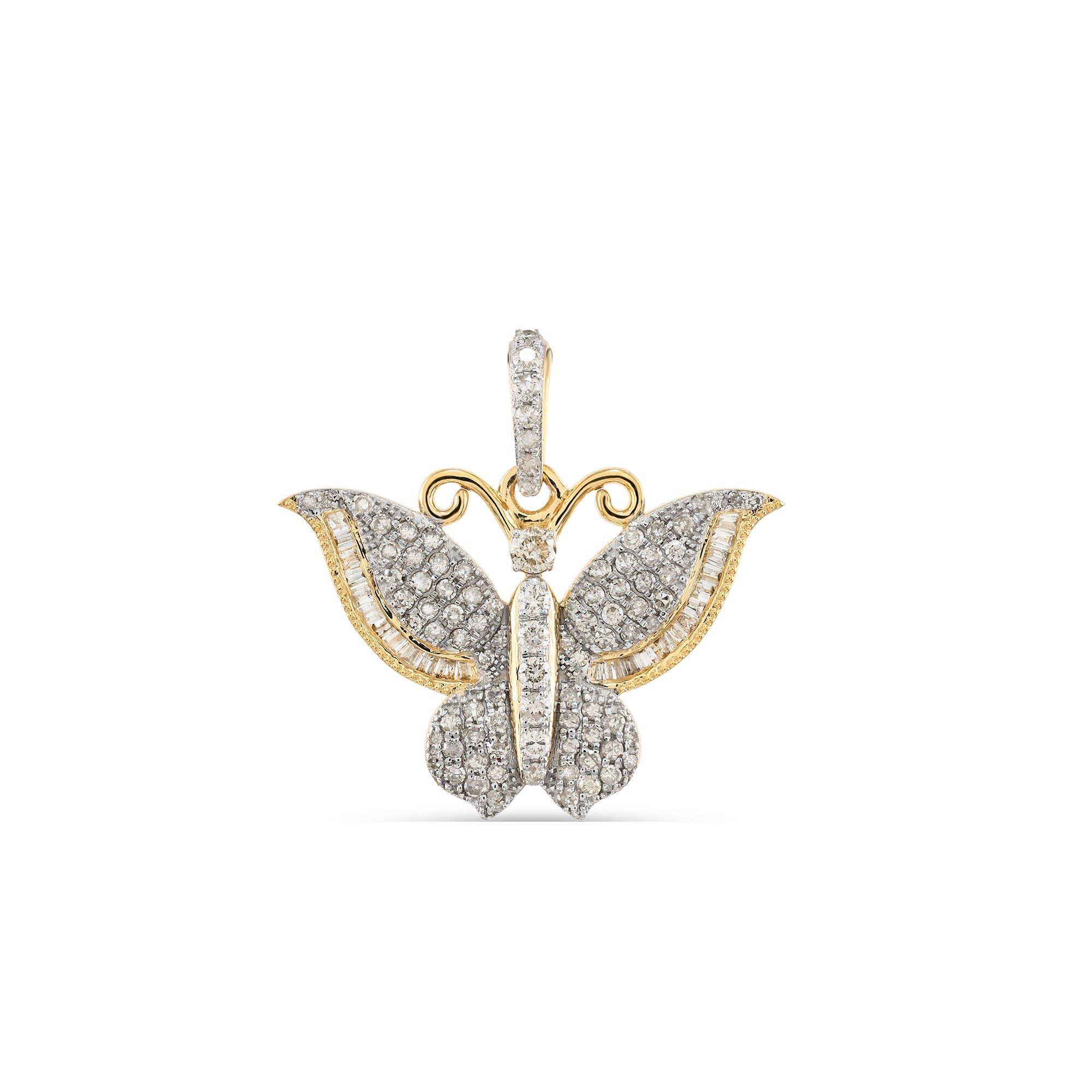 Yellow Gold Round and Baguette Diamond Butterfly Pendant
