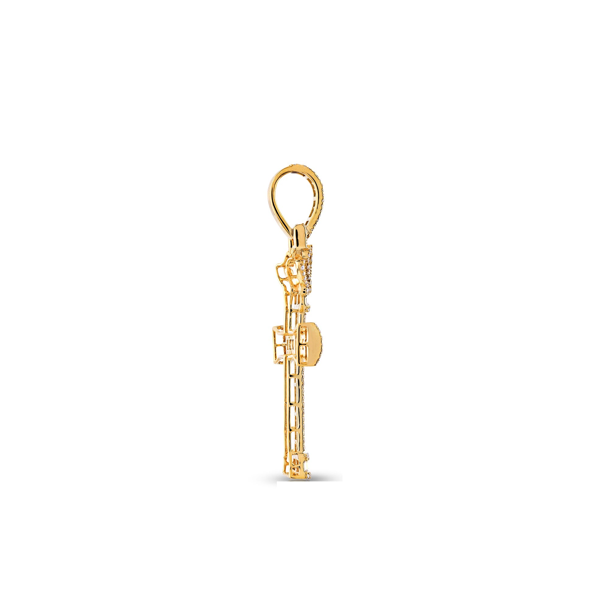 Yellow Gold Round and Baguette Diamond Crown Cross Pendant