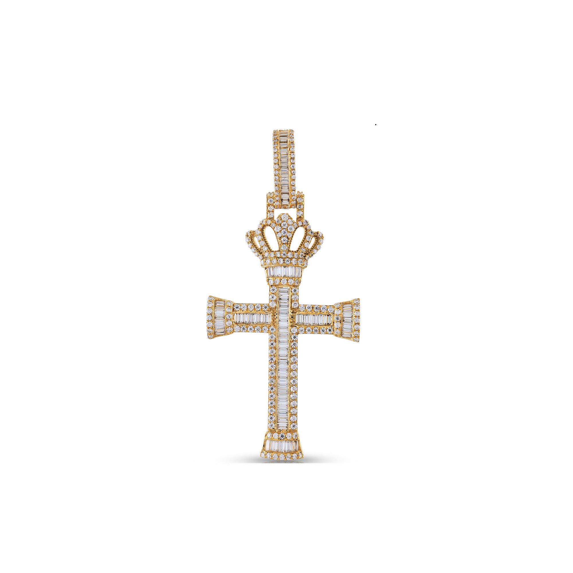 Yellow Gold Round and Baguette Diamond Crown Cross Pendant
