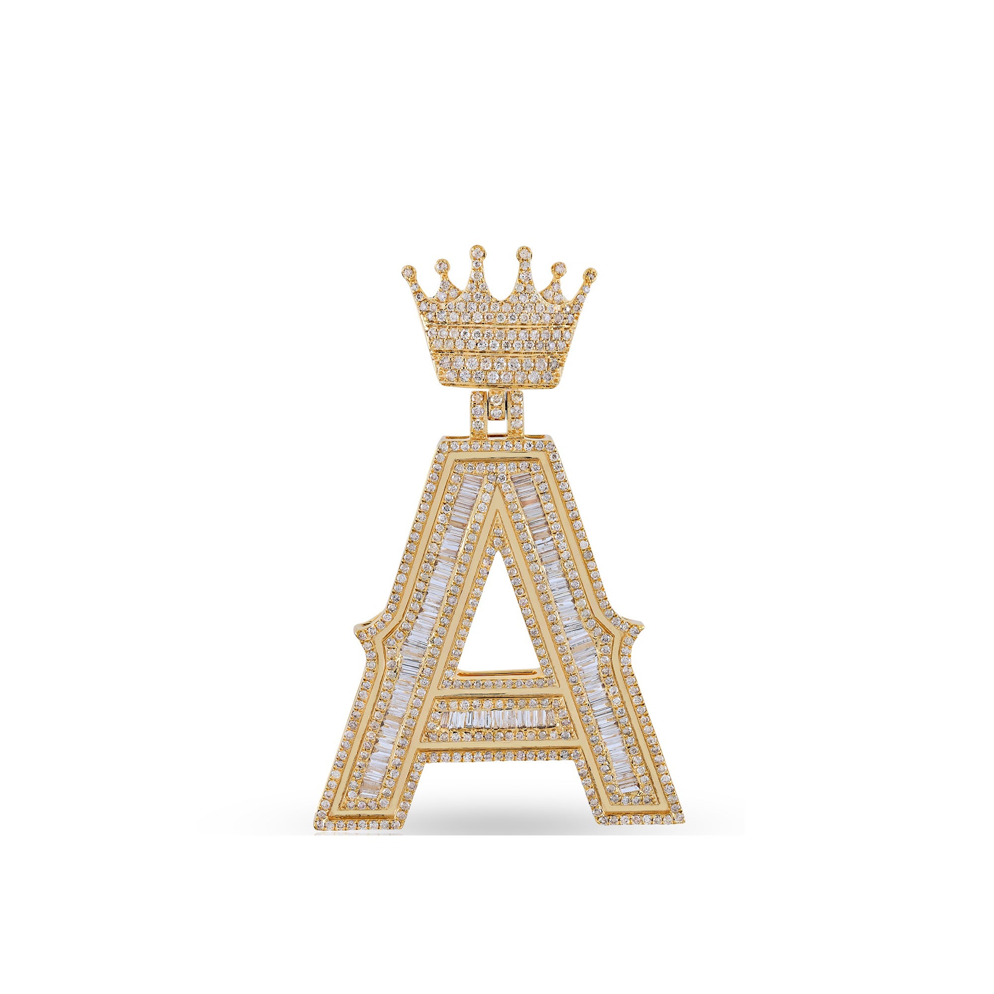 Yellow Gold Baguette and Round Diamond Crown Initial Pendant