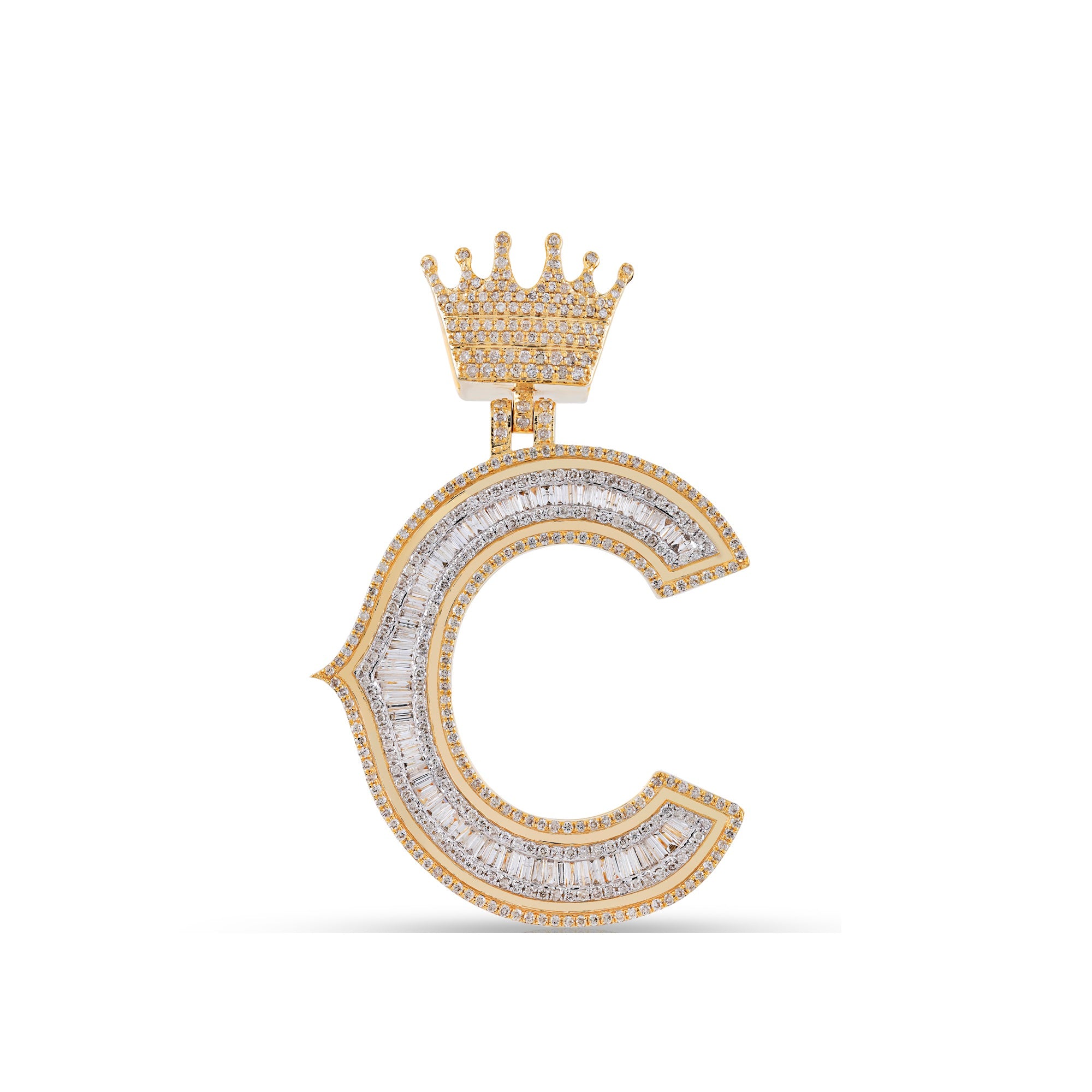 Yellow Gold Baguette and Round Diamond Crown Initial Pendant