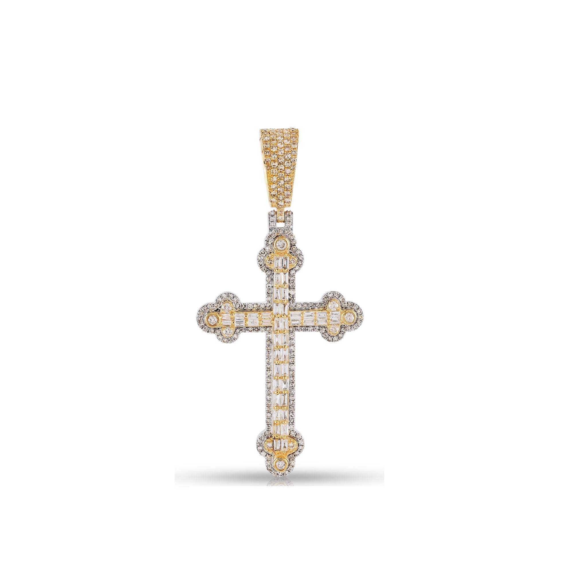 Yellow Gold Round and Baguette Diamond Cross Pendant
