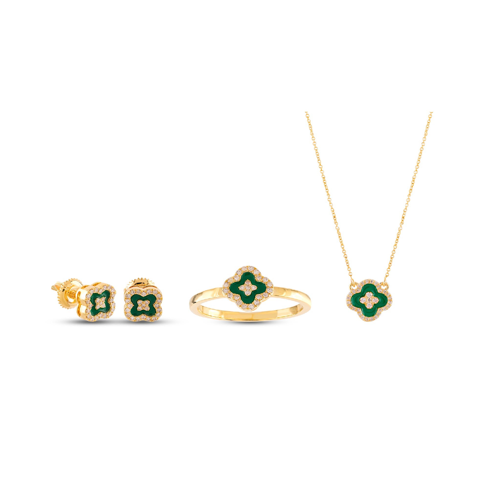 Green Clover Enamel & Diamond Jewelry Set in Yellow Gold (Earrings, Ring & Pendant)