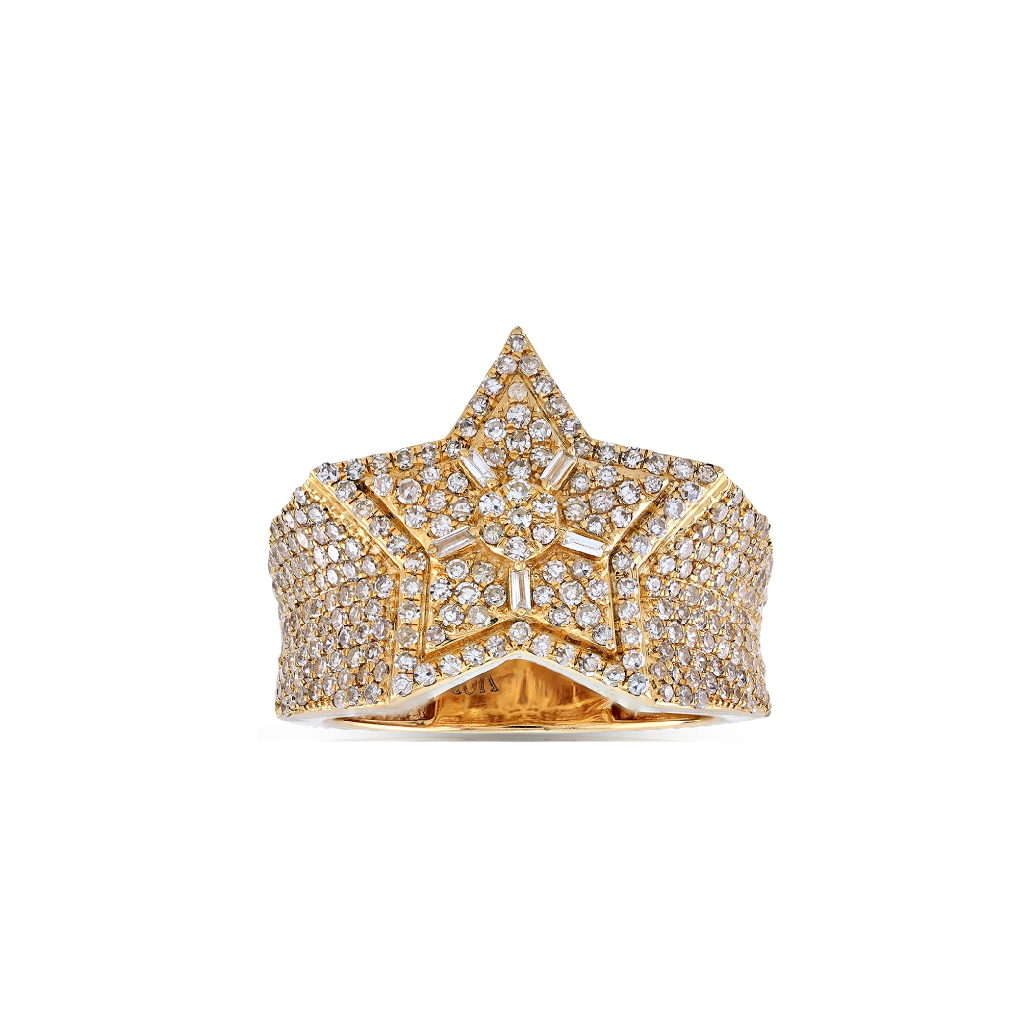 Yellow Gold Round and Baguette Diamond Cluster Men's Star Ring