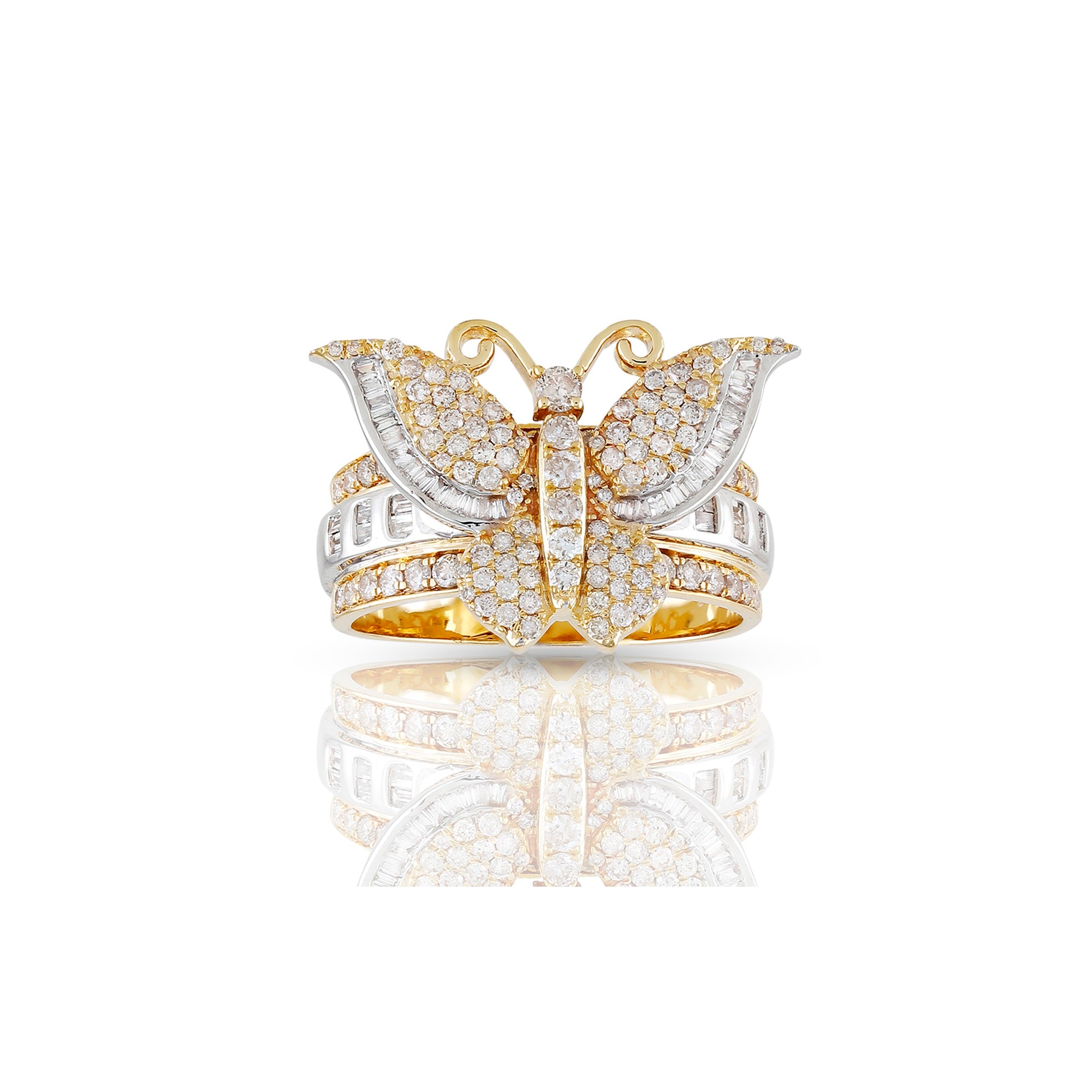21 mm Yellow Gold Round and Baguette Diamond Butterfly Ring