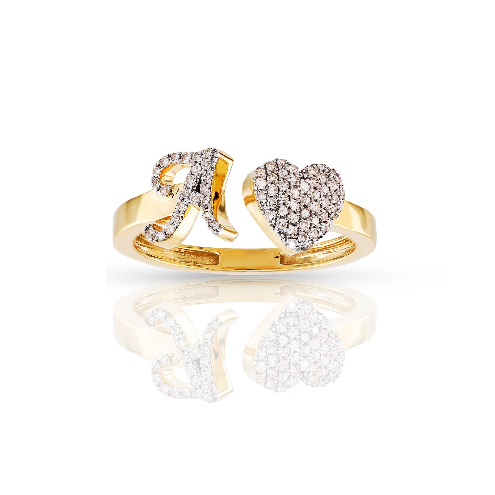 10K Yellow Gold Heart 'A-Z' Initial Letter Rings 7mm