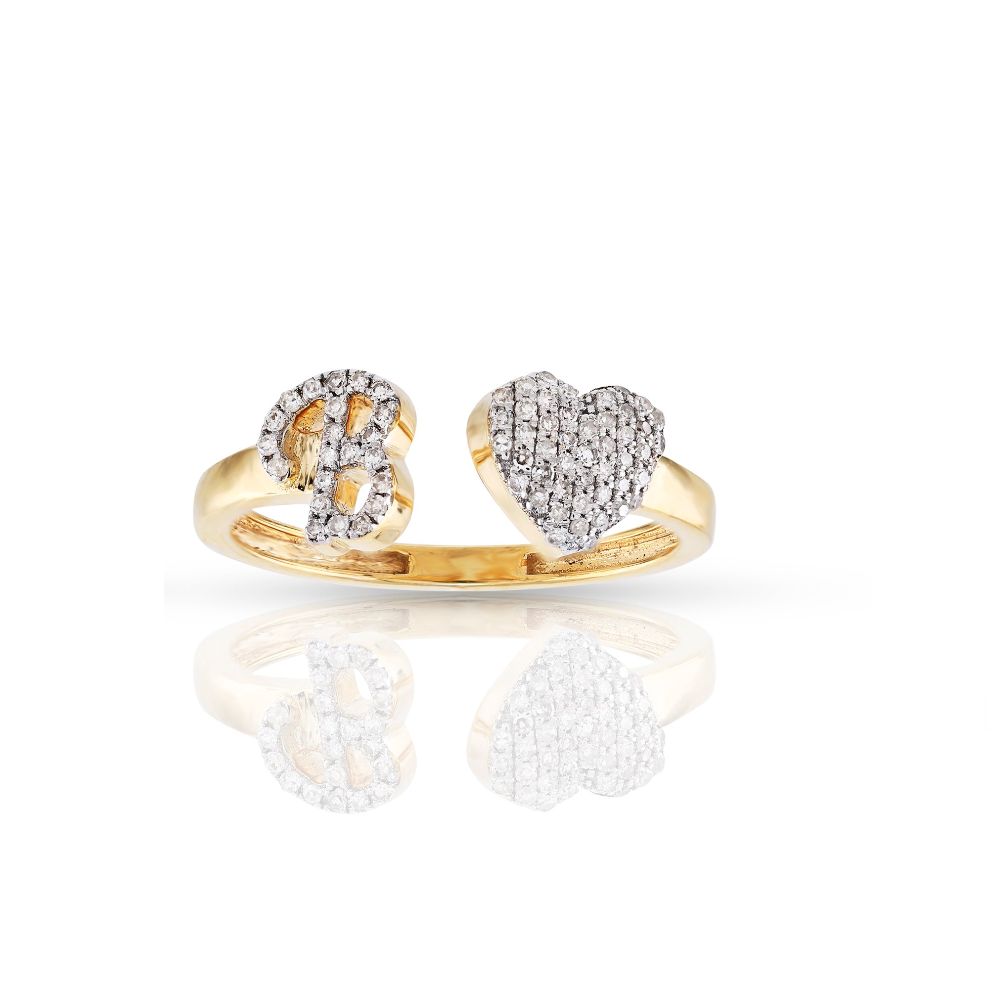 10K Yellow Gold Round Diamond Heart Initial Letter Ring
