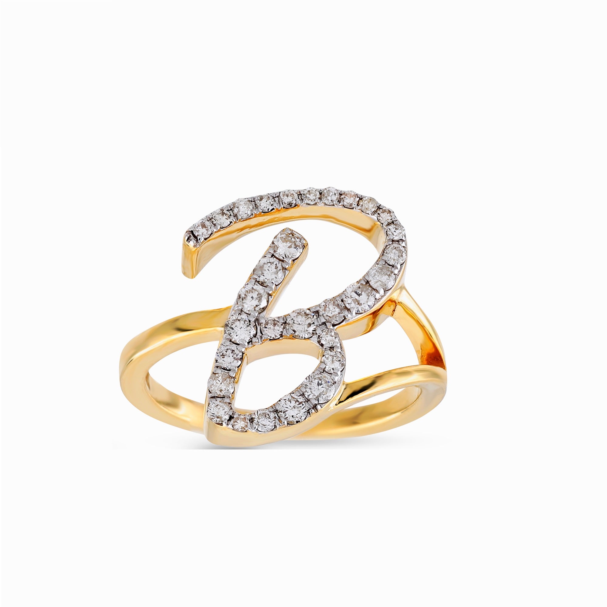 10K Yellow Gold Round Pave Diamond Initial Letter Ring
