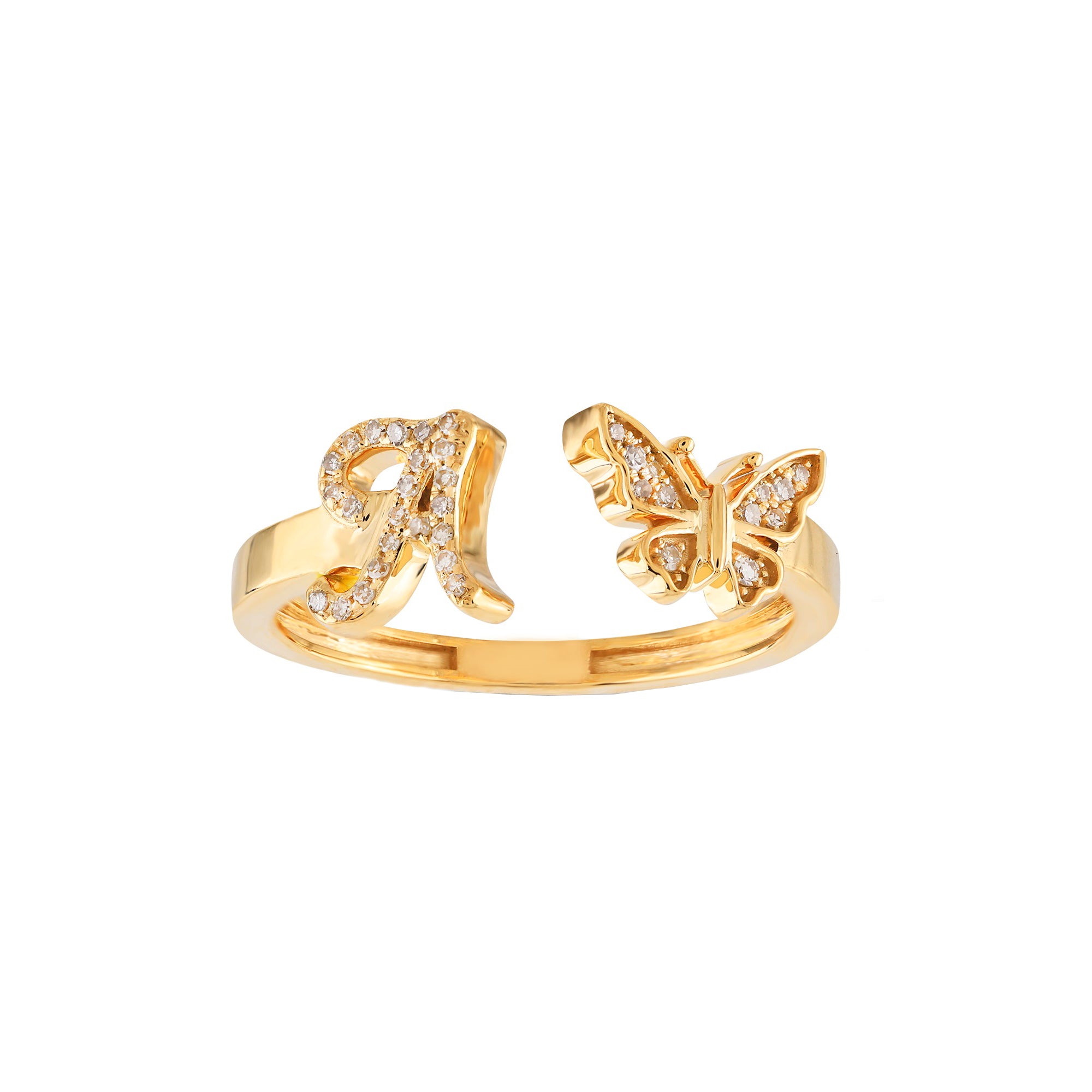 10K Yellow Gold Round Diamond Butterfly Initial Letter Ring