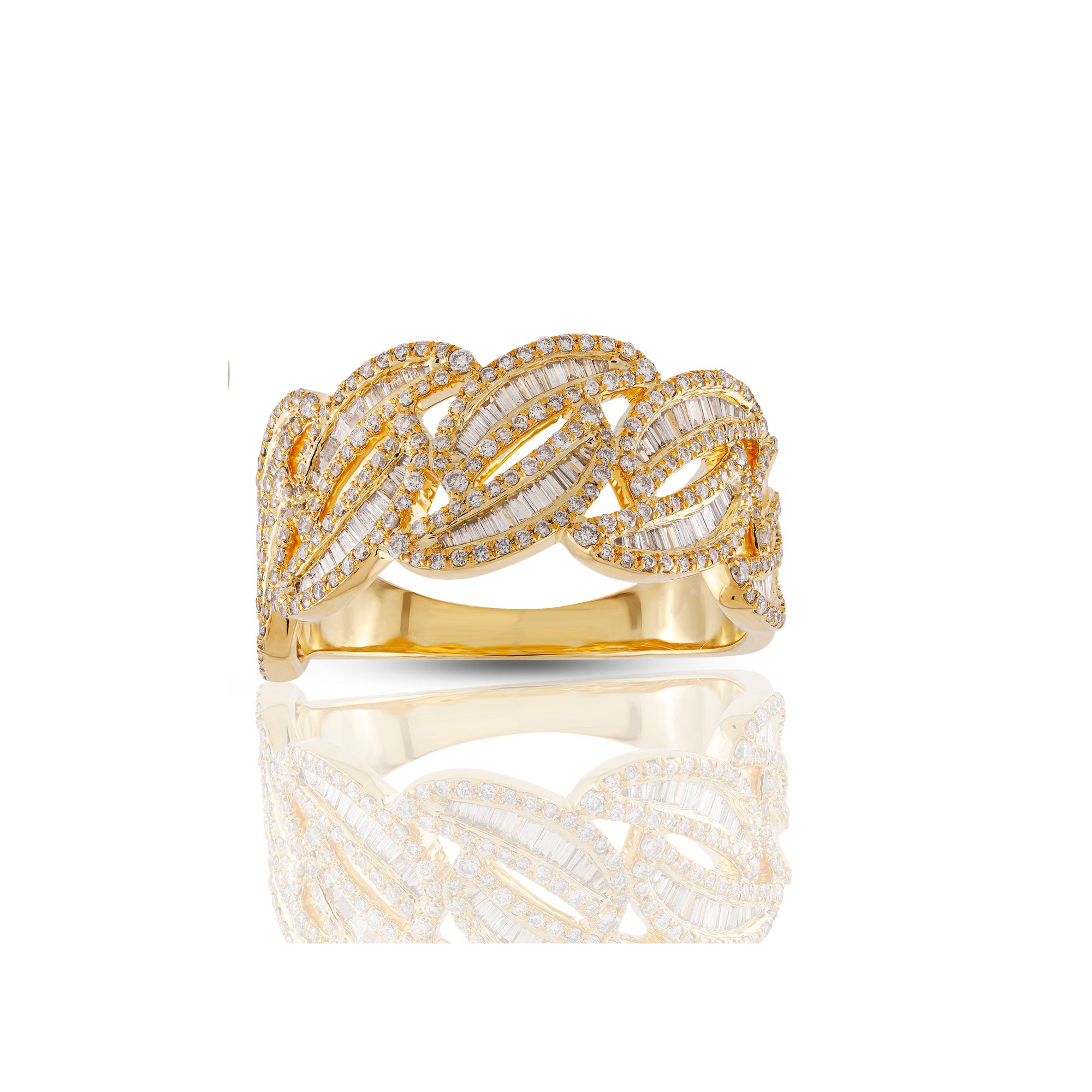 10 mm  Yellow Gold Round and Baguette Diamond Cuban Ring