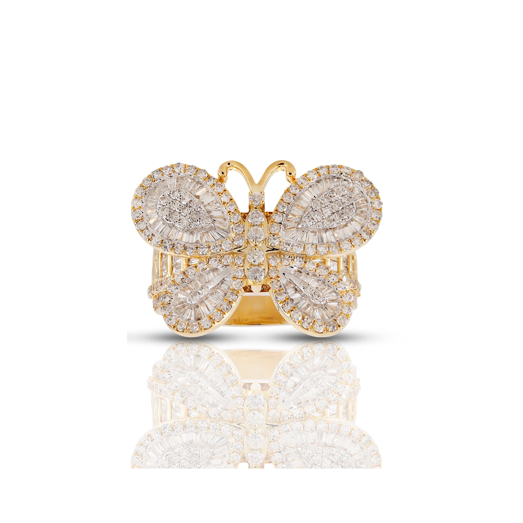 16.9 mm Yellow Gold Round and Baguette Diamond Butterfly Ring