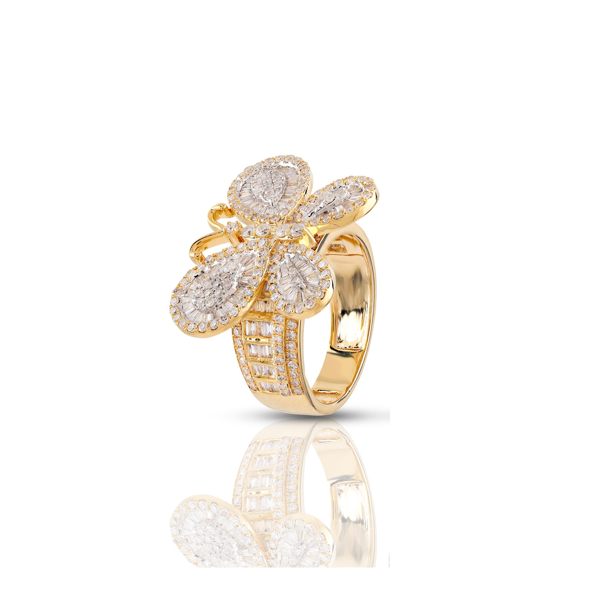 16.9 mm Yellow Gold Round and Baguette Diamond Butterfly Ring