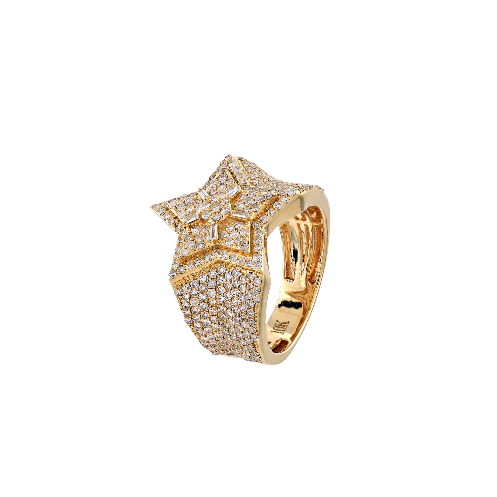Yellow Gold Round and Baguette Diamond Cluster Men's Star Ring