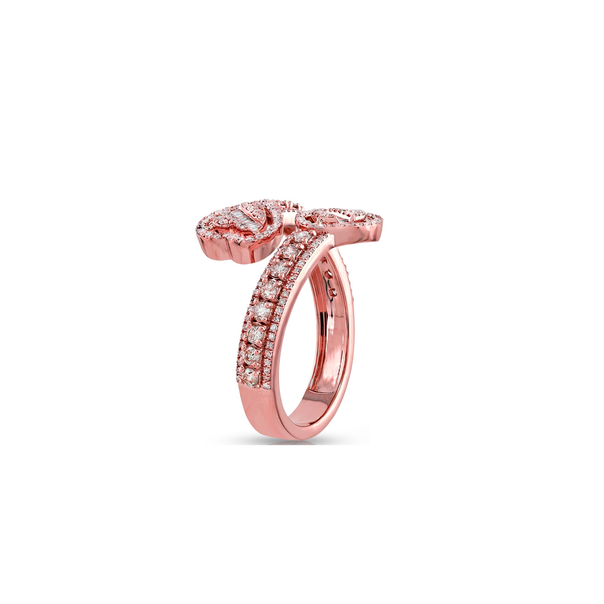 Rose Gold Baguette and Round Diamond Heart Cuff Ring