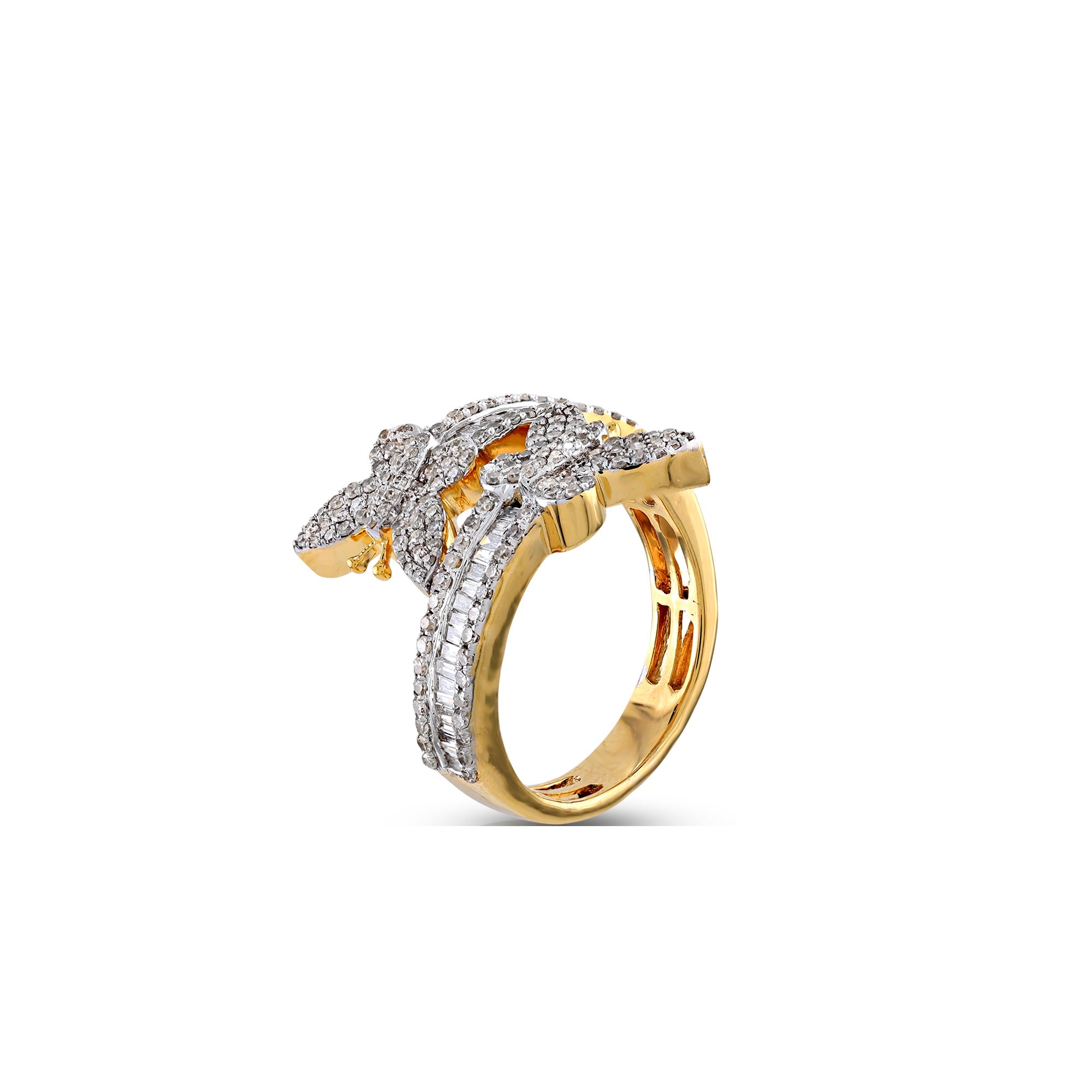 Yellow Gold Round and Bguette Diamond Butterfly Cuff Ring